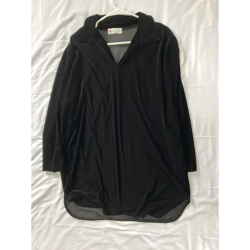 Vtg. Beija Flor Shirt Women XL Black Velvet Stretch Tunic Top Long Sleeve USA - Picture 4 of 12